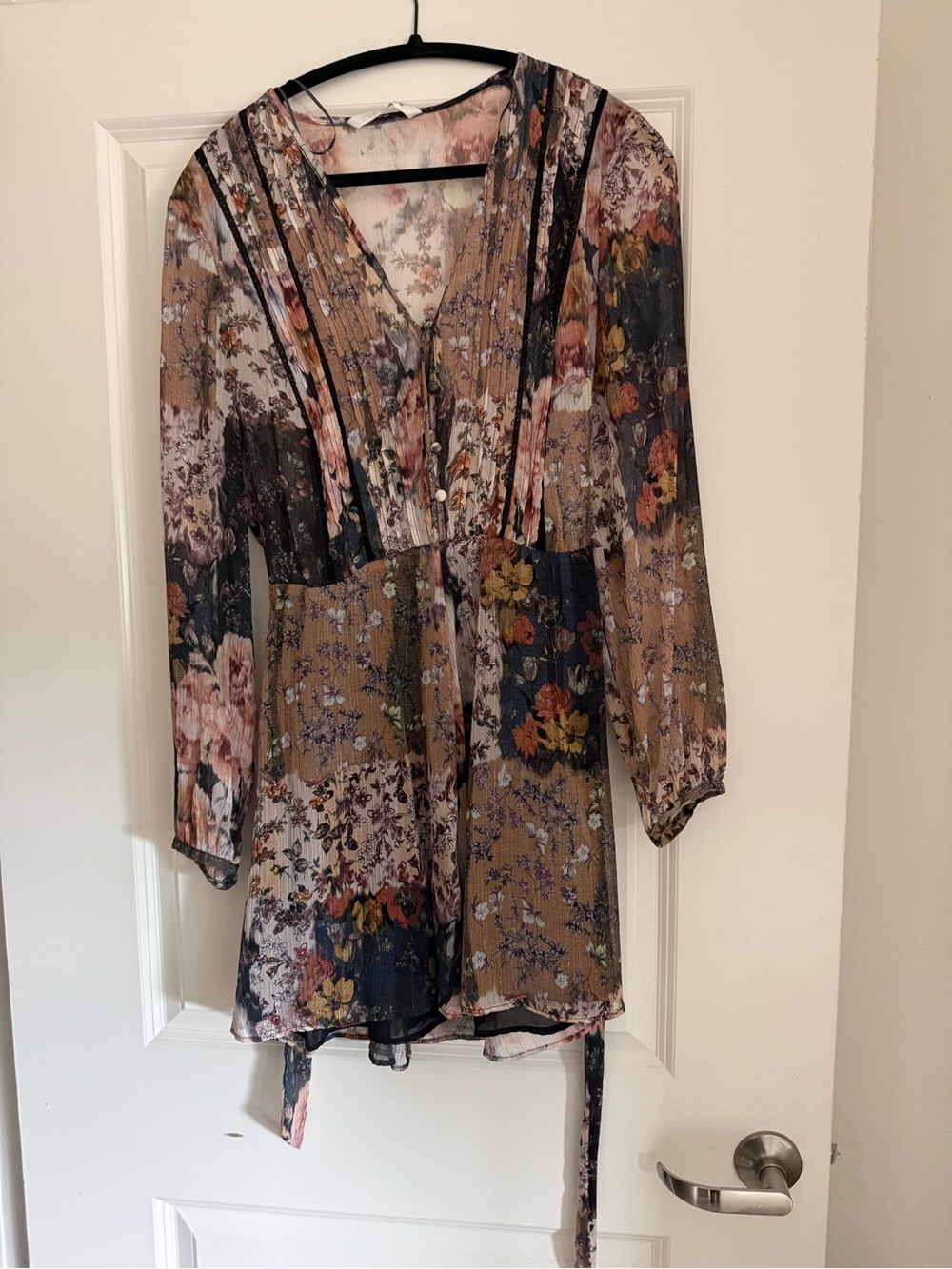 Zara Floral Patchwork Long-Sleeve V-Neck Tunic - Tan, Navy, Pink